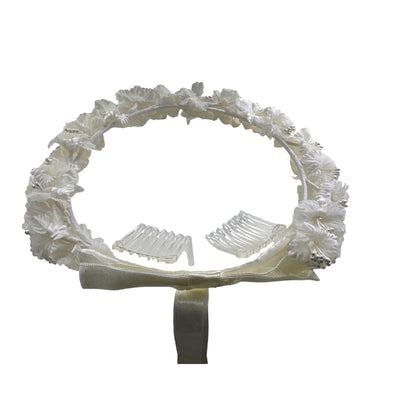 Set of 2 Floral Ivory Satin Flower Crown With Ribbon & Comb Attachments For Weddings Or First Communion