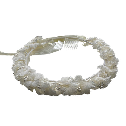 Set of 2 Floral Ivory Satin Flower Crown With Ribbon & Comb Attachments For Weddings Or First Communion