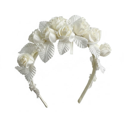 Set of 2 Floral Ivory Satin Flower Crown With Ribbon & Comb Attachments For Weddings Or First Communion