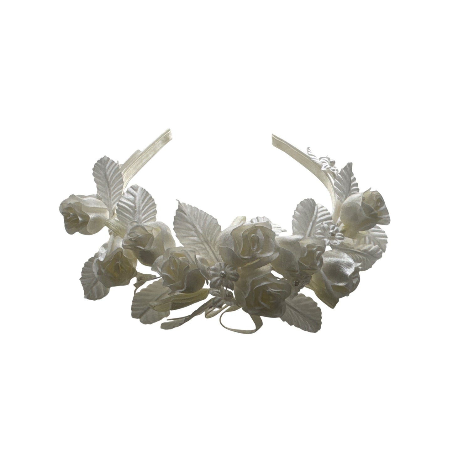 Set of 2 Floral Ivory Satin Flower Crown With Ribbon & Comb Attachments For Weddings Or First Communion
