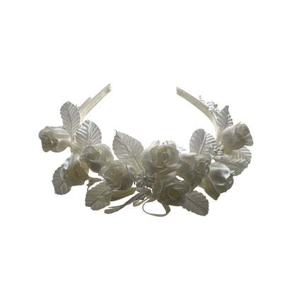 Set of 2 Floral Ivory Satin Flower Crown With Ribbon & Comb Attachments For Weddings Or First Communion