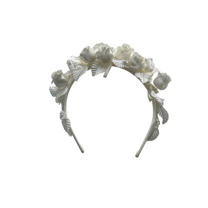 Set of 2 Floral Ivory Satin Flower Crown With Ribbon & Comb Attachments For Weddings Or First Communion