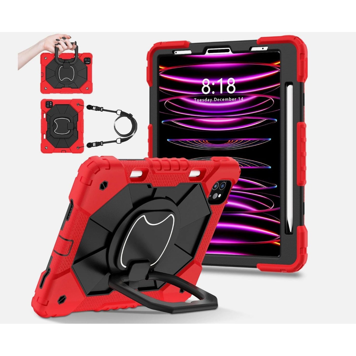 Shockproof Case For iPad Pro 11 Inch 2024 Red & Black With Screen Protector & Strap