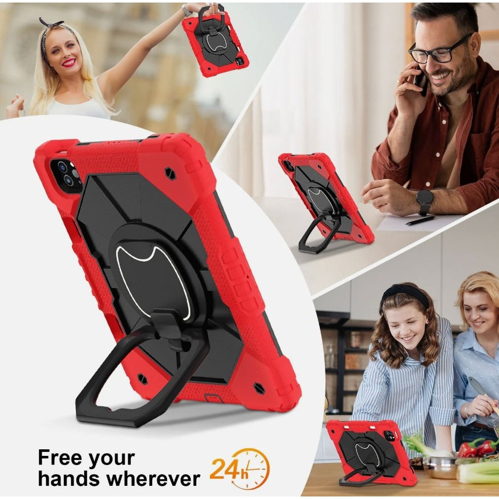 Shockproof Case For iPad Pro 11 Inch 2024 Red & Black With Screen Protector & Strap