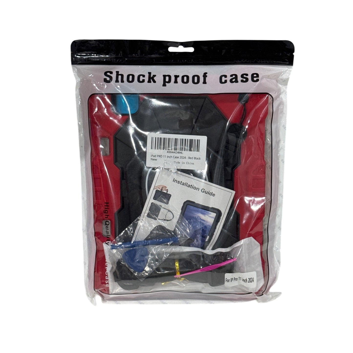 Shockproof Case For iPad Pro 11 Inch 2024 Red & Black With Screen Protector & Strap
