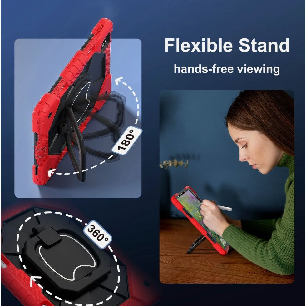 Shockproof Case For iPad Pro 11 Inch 2024 Red & Black With Screen Protector & Strap