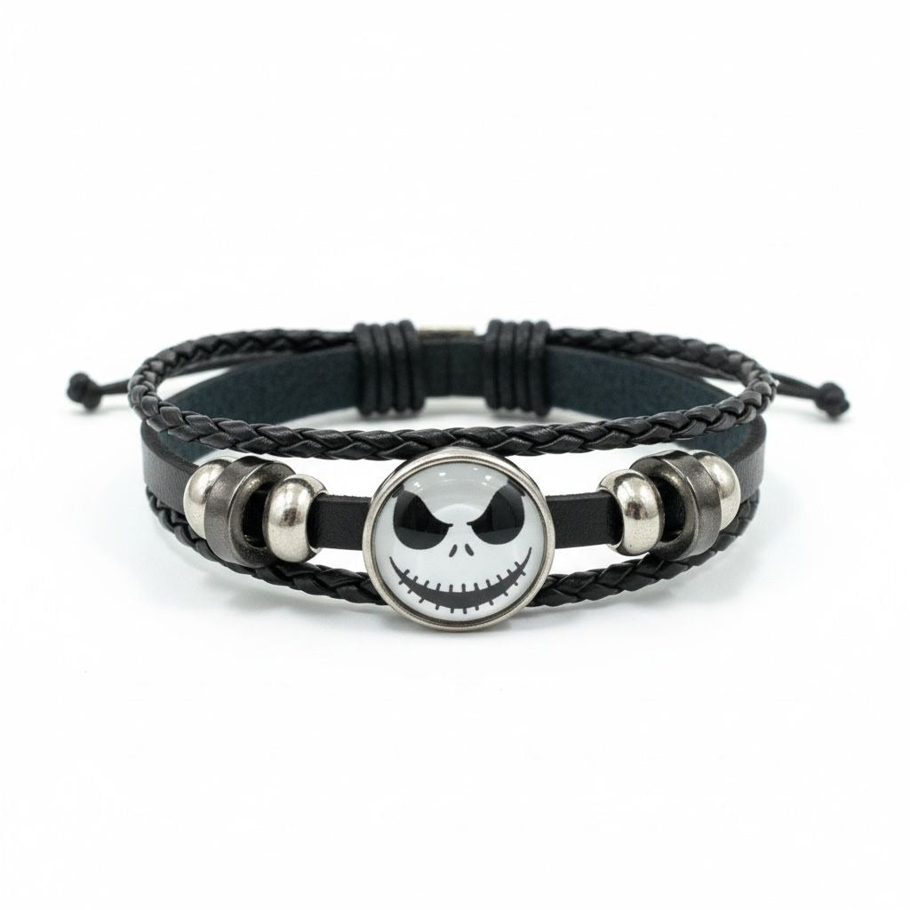Jack Skellington Black Braided Leather Bracelet With Adjustable Strap And Metal Beads