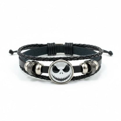 Jack Skellington Black Braided Leather Bracelet With Adjustable Strap And Metal Beads