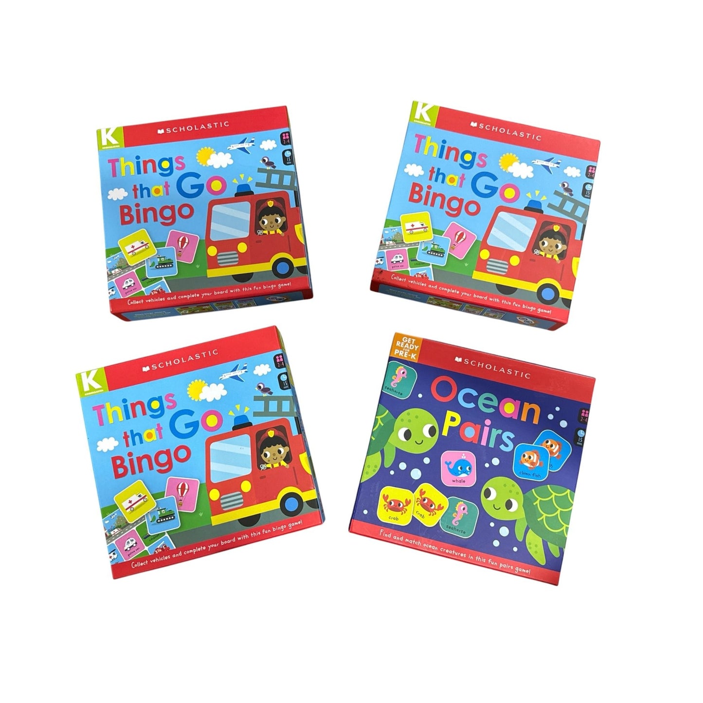 Things That Go Bingo & Ocean Pairs Scholastic Early Learners Educational Games Set (4pcs. Set)