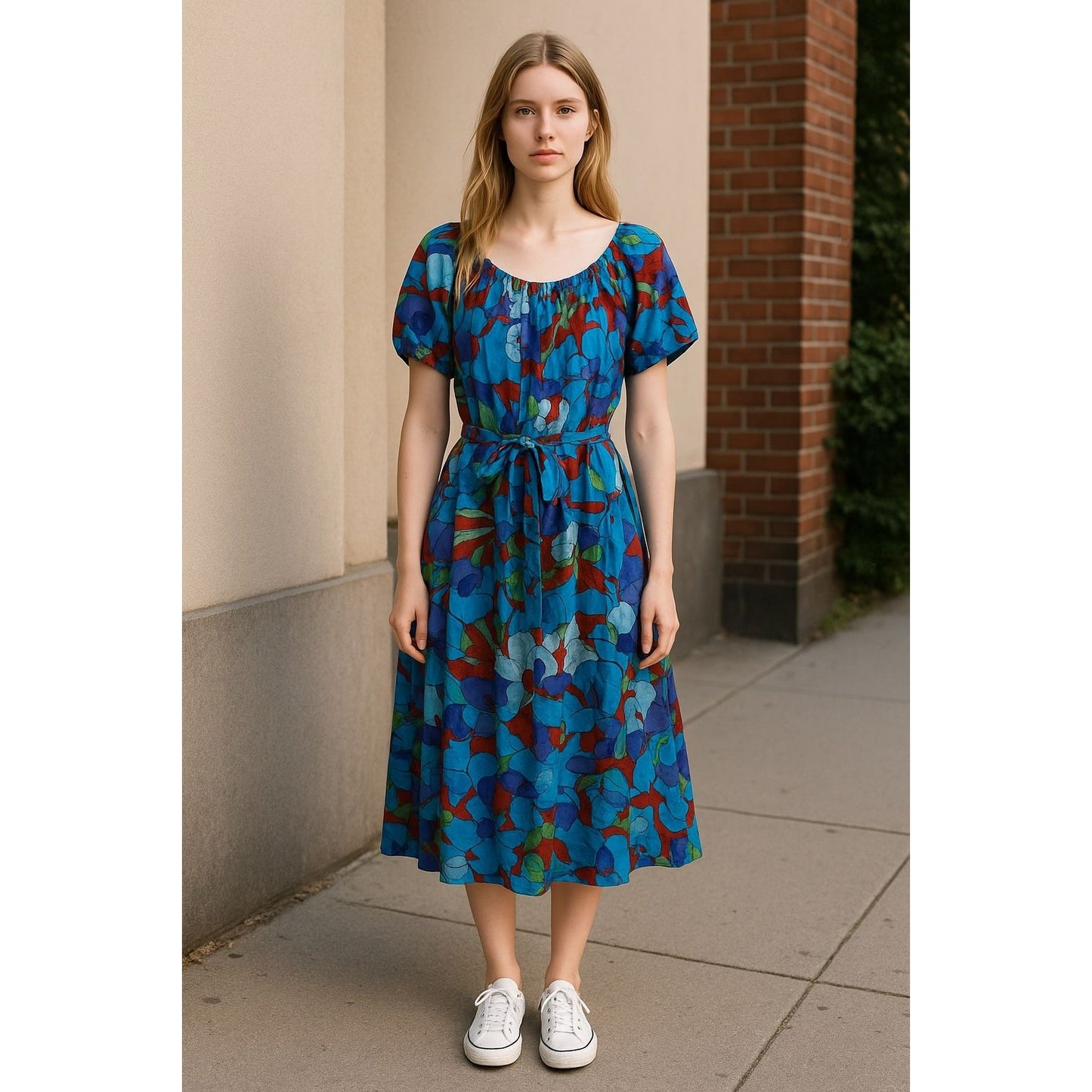 Maggy London Blue Floral Midi Dress Short Sleeves Cotton Blend US 12