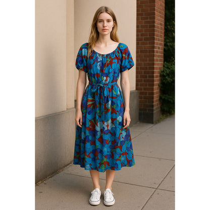 Maggy London Blue Floral Midi Dress Short Sleeves Cotton Blend US 12