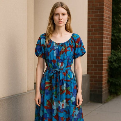 Maggy London Blue Floral Midi Dress Short Sleeves Cotton Blend US 12