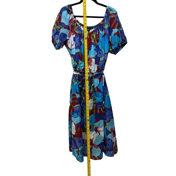 Maggy London Blue Floral Midi Dress Short Sleeves Cotton Blend US 12