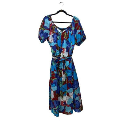 Maggy London Blue Floral Midi Dress Short Sleeves Cotton Blend US 12