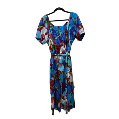 Maggy London Blue Floral Midi Dress Short Sleeves Cotton Blend US 12