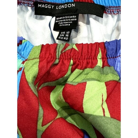 Maggy London Blue Floral Midi Dress Short Sleeves Cotton Blend US 12