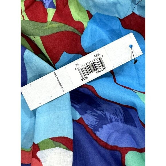 Maggy London Blue Floral Midi Dress Short Sleeves Cotton Blend US 12
