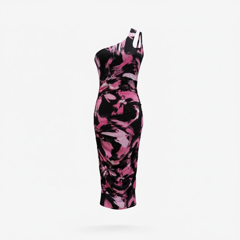 One-Shoulder Pink & Black Abstract Print Dress XS By The Fashion Spot