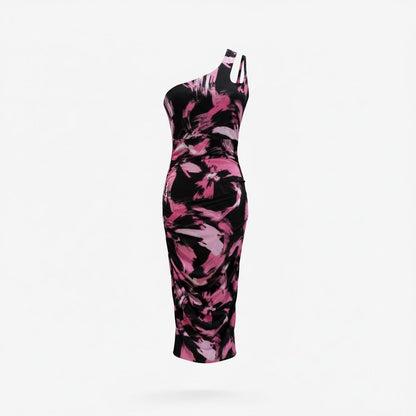 One-Shoulder Pink & Black Abstract Print Dress XS By The Fashion Spot