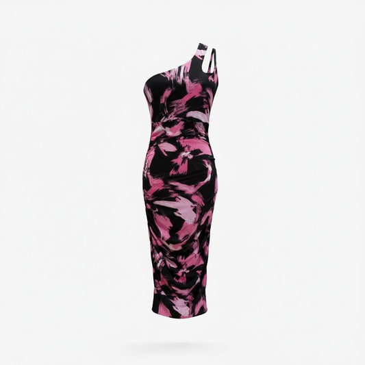 One-Shoulder Pink & Black Abstract Print Dress XS By The Fashion Spot