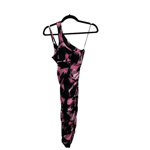 One-Shoulder Pink & Black Abstract Print Dress XS By The Fashion Spot