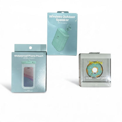 Heyday Donut USB Wall Charger, Wireless Outdoor Speaker With Carabiner & Waterproof Phone Pouch Set
