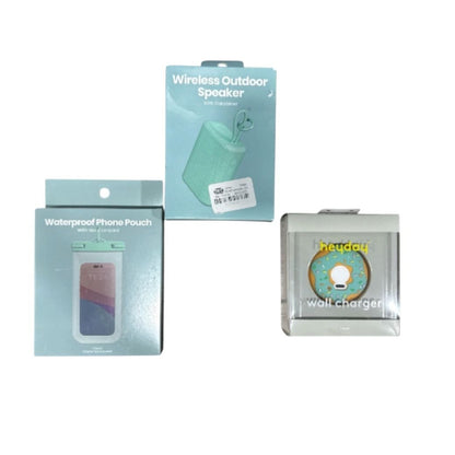 Heyday Donut USB Wall Charger, Wireless Outdoor Speaker With Carabiner & Waterproof Phone Pouch Set
