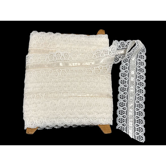 Elegant Ivory Lace Trim With Satin Ribbon Insert - 3 Inches Wide, Ideal For Sewing Crafts And Decorations 30+ YARDS