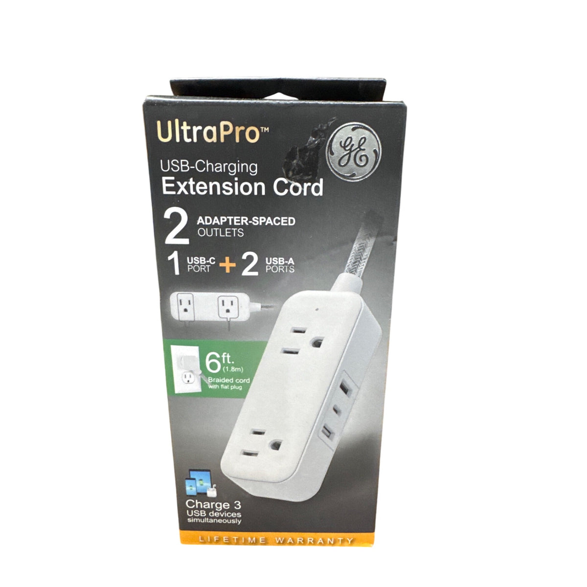UltraPro USB-Charging Extension Cord 6ft Braided Cable With Dual Outlets 1 USB-C & 2 USB-A Ports White