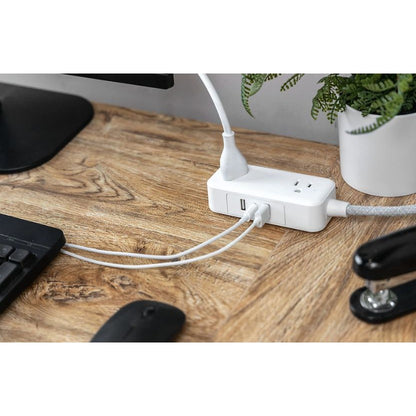 UltraPro USB-Charging Extension Cord 6ft Braided Cable With Dual Outlets 1 USB-C & 2 USB-A Ports White