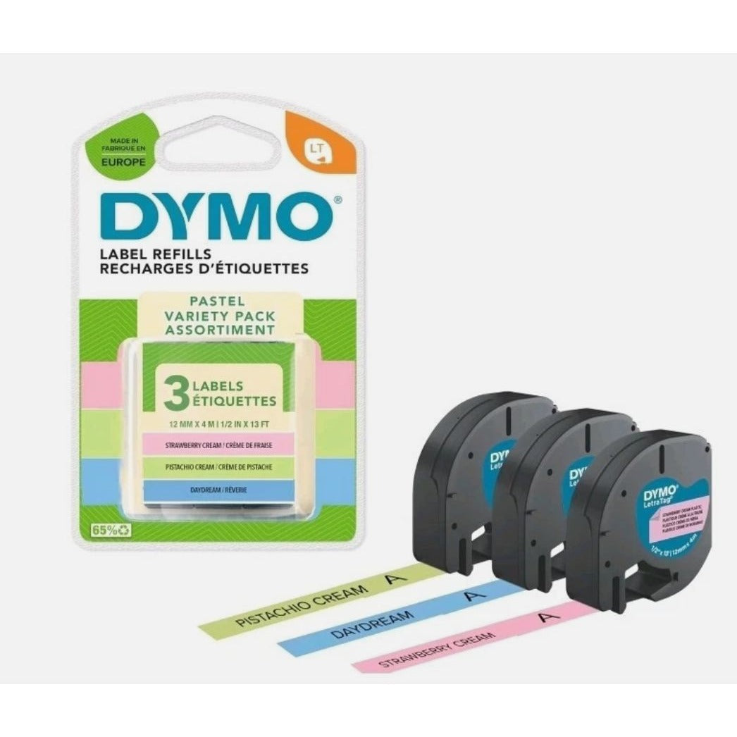 DYMO LetraTag Label Refills Pastel Variety Pack 3-Pack 12mm x 4m Strawberry Cream Pistachio Cream Daydream