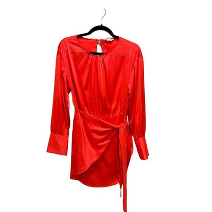 Steve Madden Red Satin Long Sleeve Mini Dress With Tie Waist 2