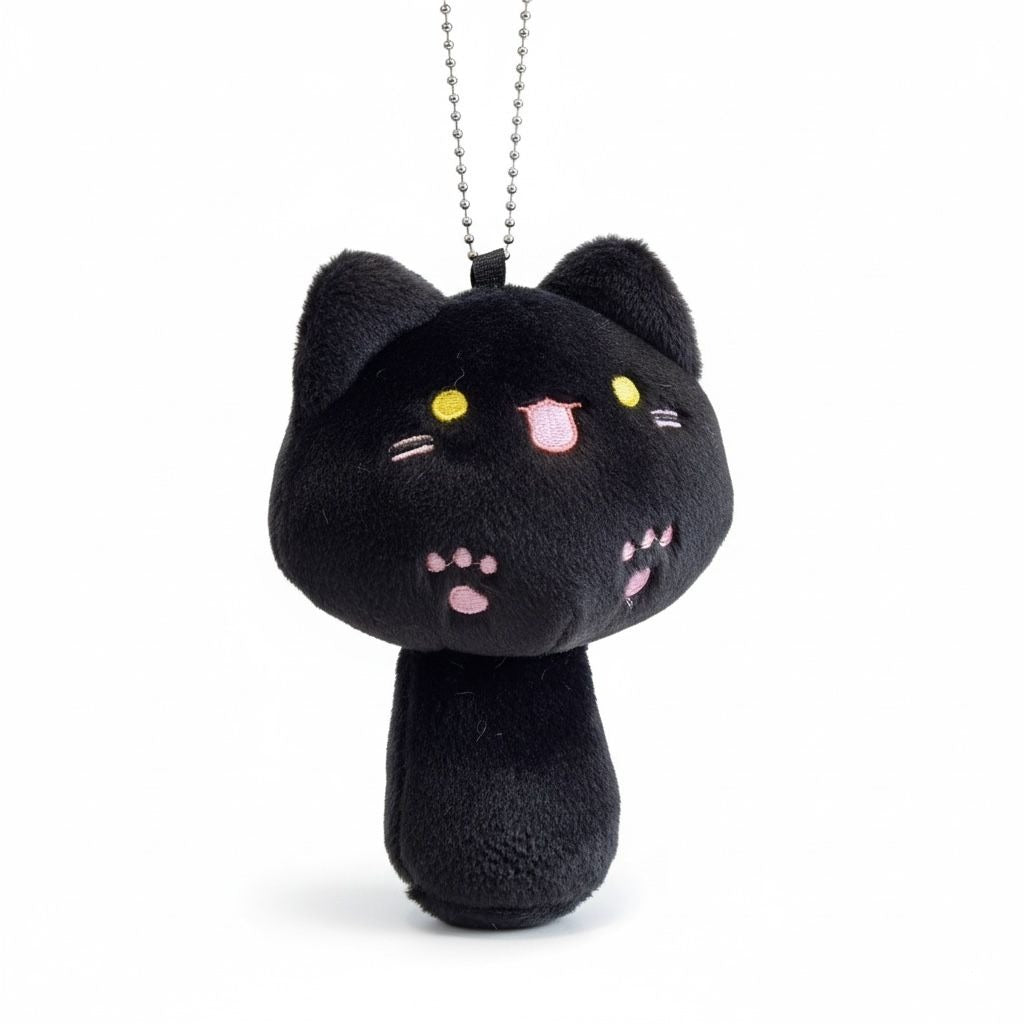 Black Cat Plush Charm With Embroidered Details & Chain Clip For Bags Or Keys