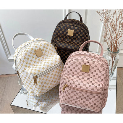 Set of 3 Mini Faux Leather Backpacks With Gold Hardware & Geometric Pattern (White, Pink, & Brown)