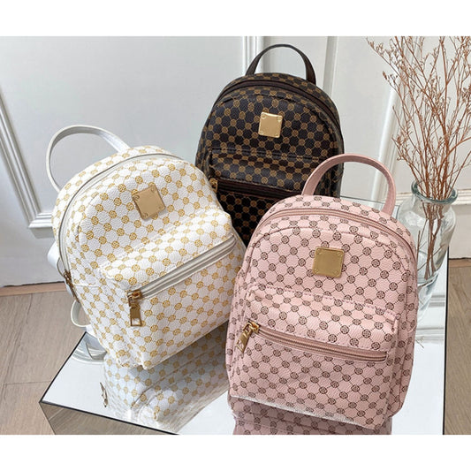 Set of 3 Mini Faux Leather Backpacks With Gold Hardware & Geometric Pattern (White, Pink, & Brown)