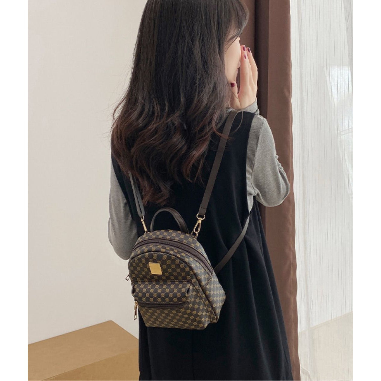 Set of 3 Mini Faux Leather Backpacks With Gold Hardware & Geometric Pattern (White, Pink, & Brown)