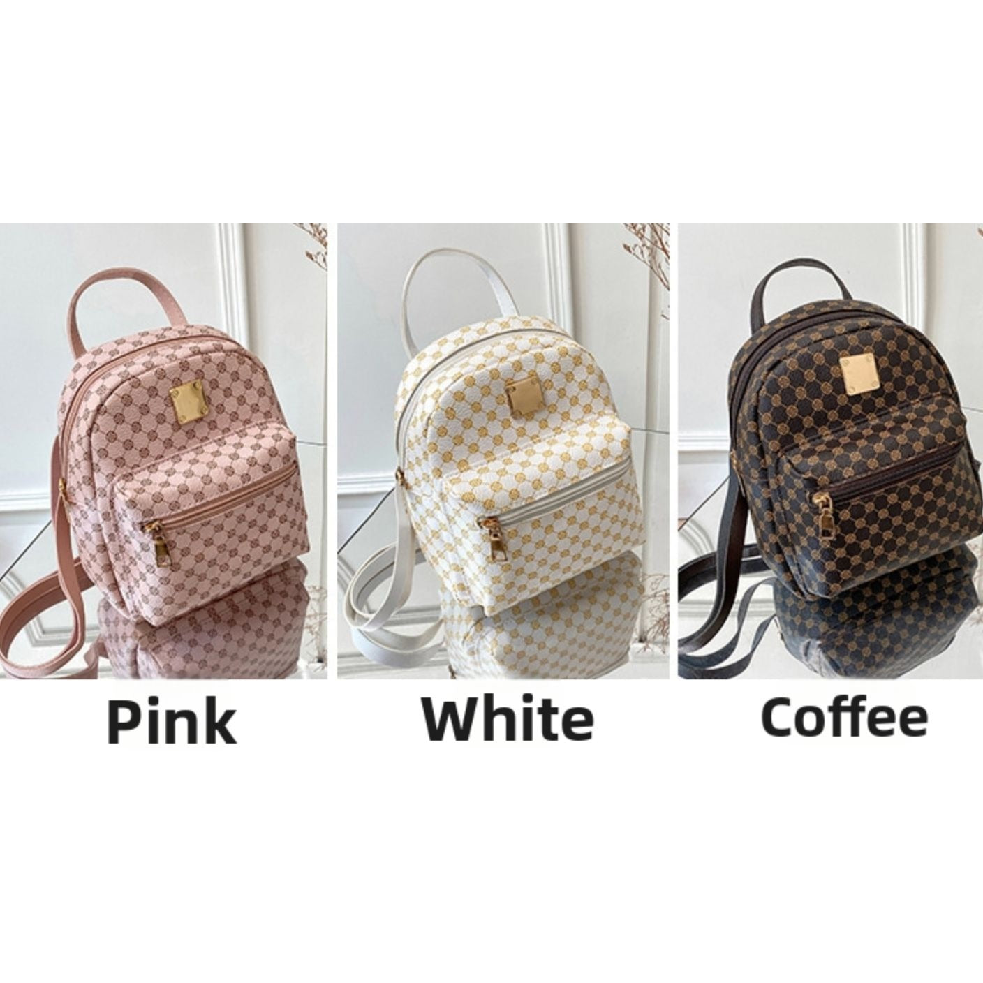 Set of 3 Mini Faux Leather Backpacks With Gold Hardware & Geometric Pattern (White, Pink, & Brown)