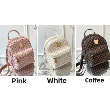 Set of 3 Mini Faux Leather Backpacks With Gold Hardware & Geometric Pattern (White, Pink, & Brown)