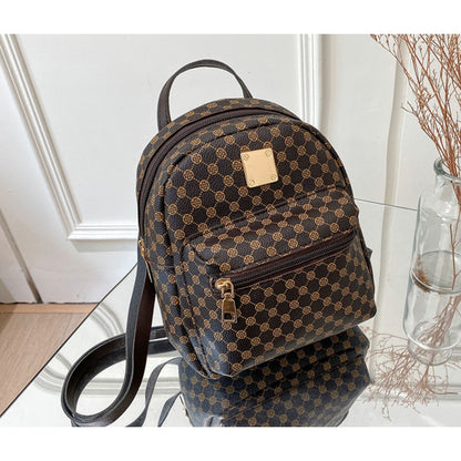 Set of 3 Mini Faux Leather Backpacks With Gold Hardware & Geometric Pattern (White, Pink, & Brown)