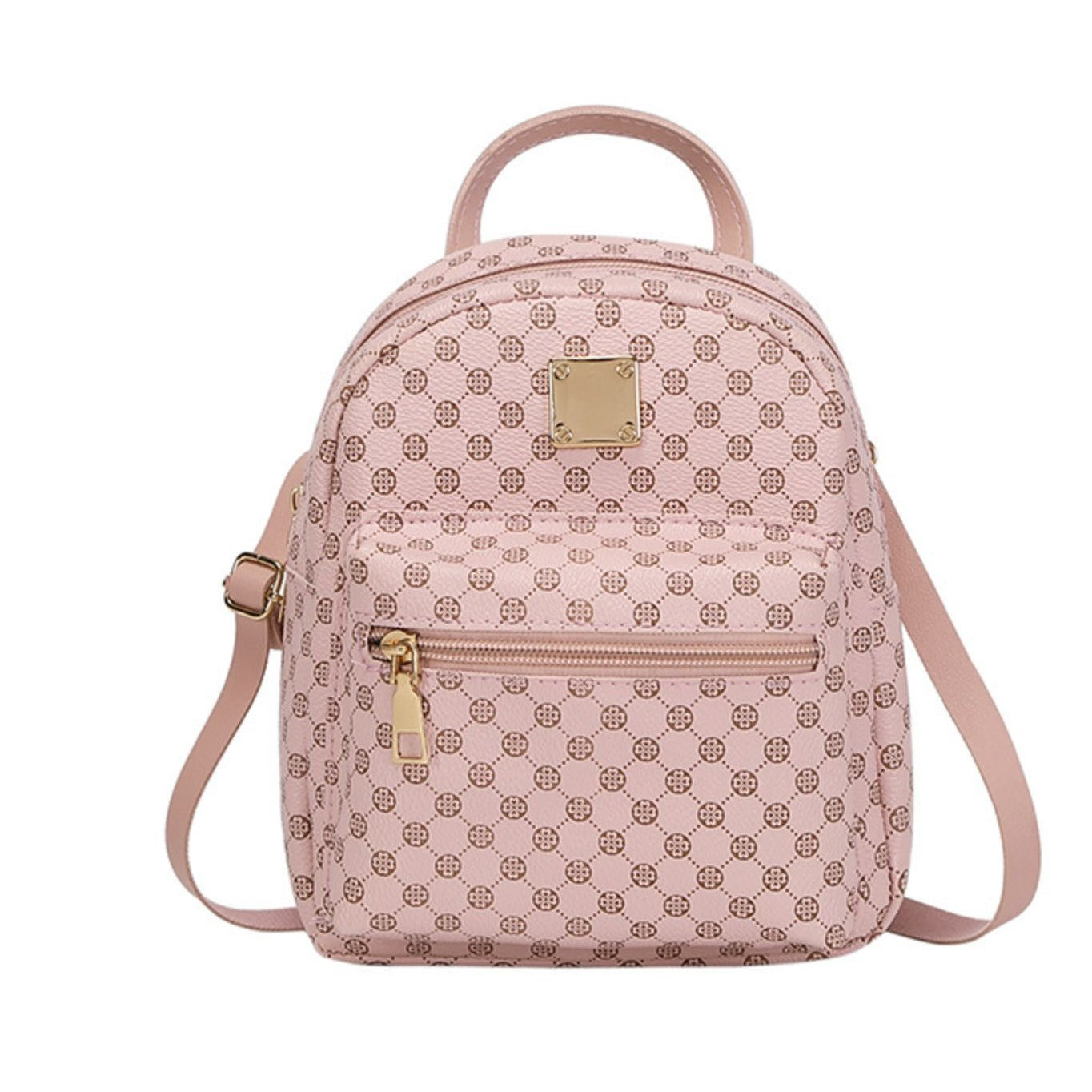 Set of 3 Mini Faux Leather Backpacks With Gold Hardware & Geometric Pattern (White, Pink, & Brown)