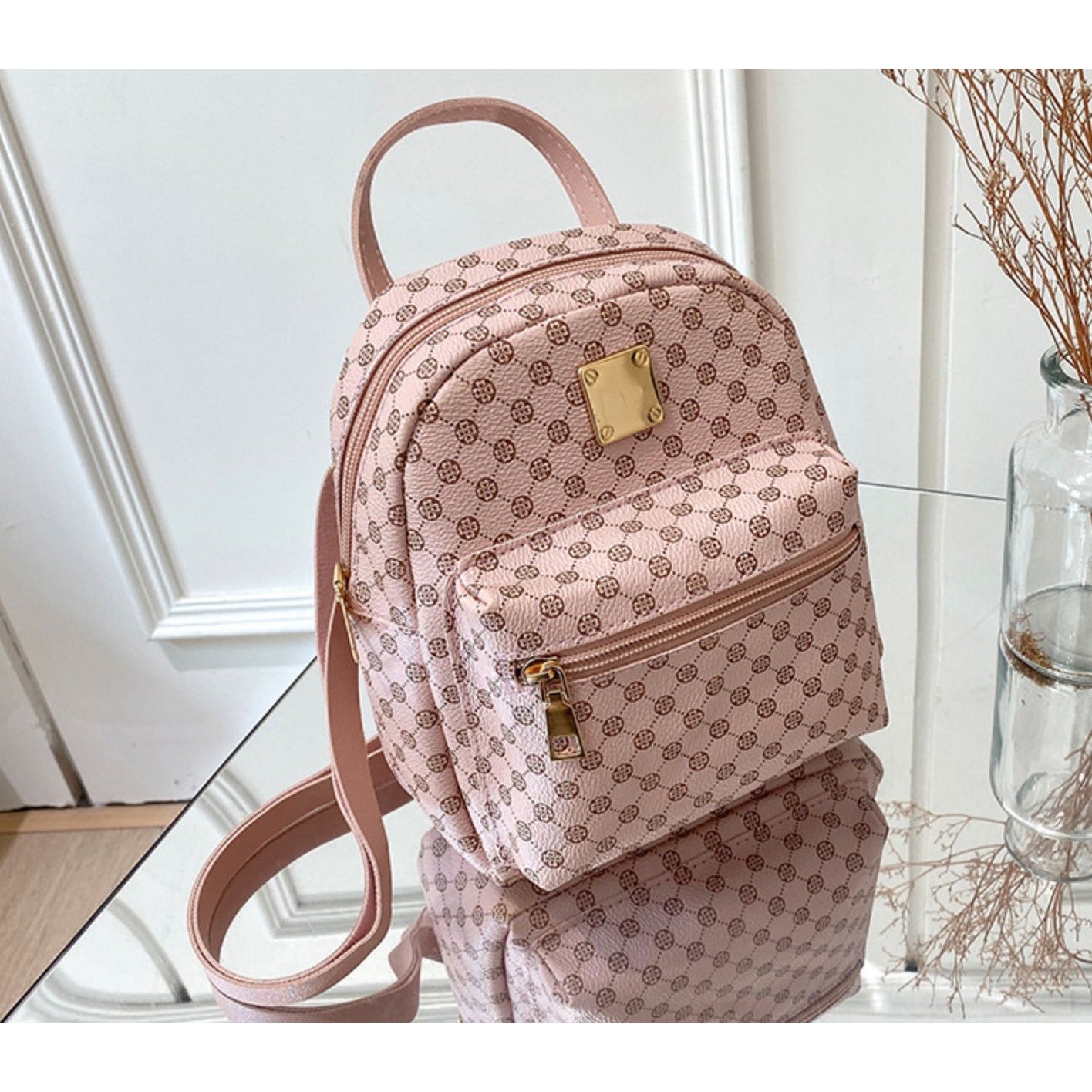 Set of 3 Mini Faux Leather Backpacks With Gold Hardware & Geometric Pattern (White, Pink, & Brown)