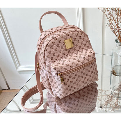 Set of 3 Mini Faux Leather Backpacks With Gold Hardware & Geometric Pattern (White, Pink, & Brown)