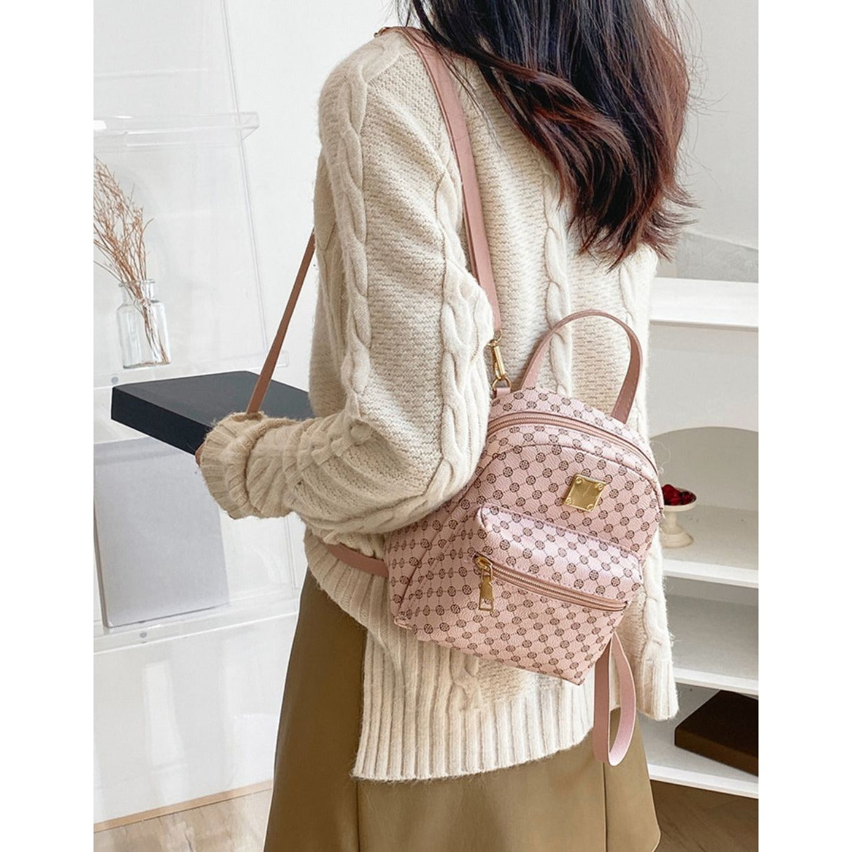 Set of 3 Mini Faux Leather Backpacks With Gold Hardware & Geometric Pattern (White, Pink, & Brown)