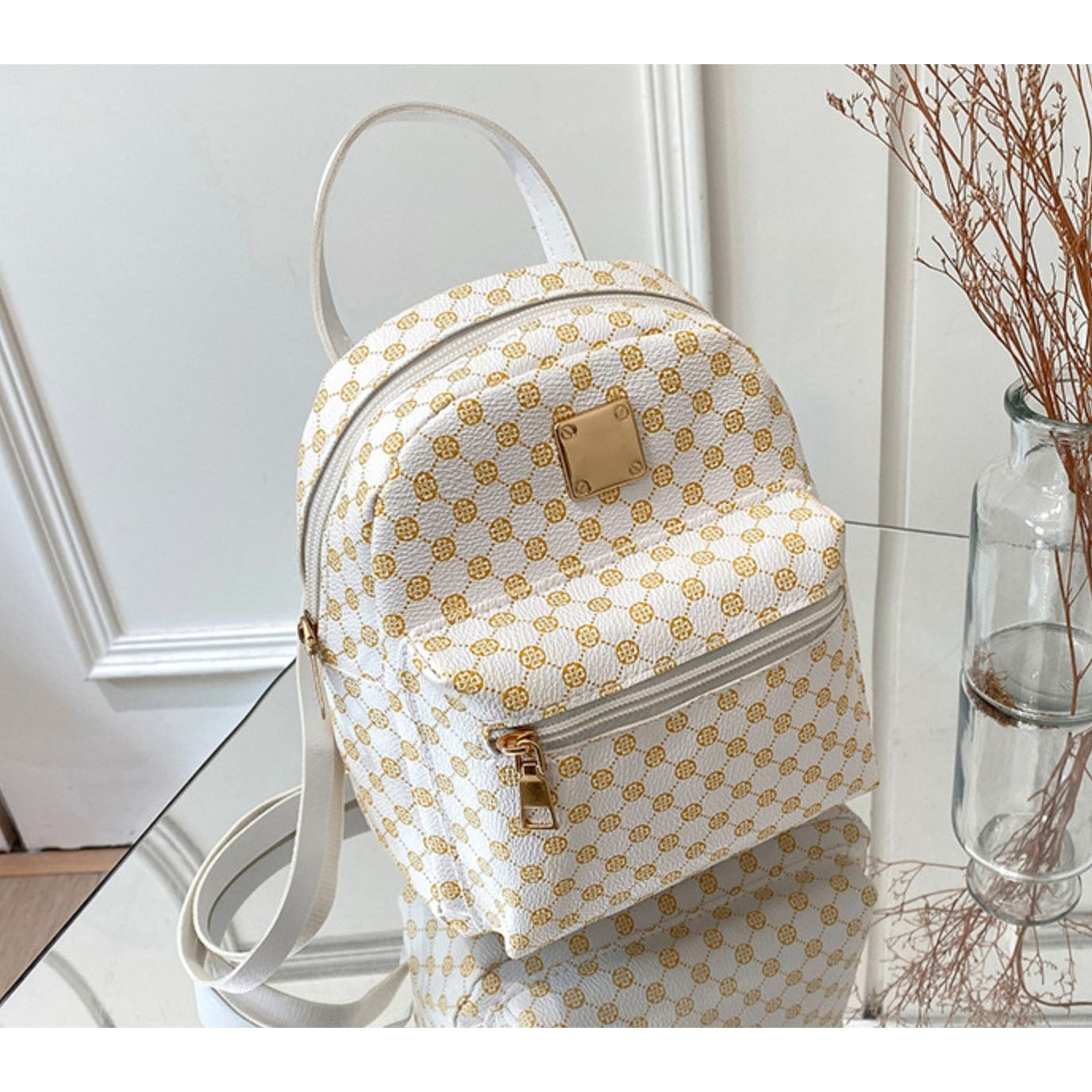 Set of 3 Mini Faux Leather Backpacks With Gold Hardware & Geometric Pattern (White, Pink, & Brown)
