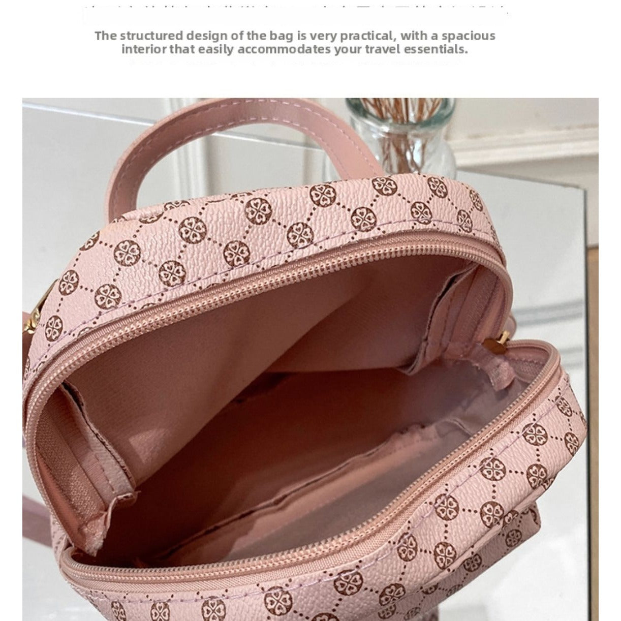 Set of 3 Mini Faux Leather Backpacks With Gold Hardware & Geometric Pattern (White, Pink, & Brown)