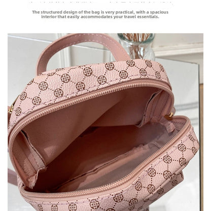 Set of 3 Mini Faux Leather Backpacks With Gold Hardware & Geometric Pattern (White, Pink, & Brown)