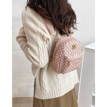 Set of 3 Mini Faux Leather Backpacks With Gold Hardware & Geometric Pattern (White, Pink, & Brown)