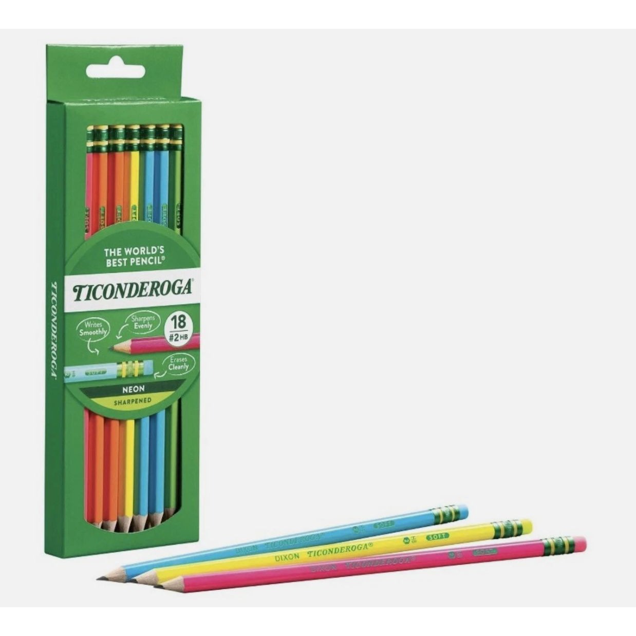 Ticonderoga Neon Pre-Sharpened Pencils 18 Ct Pack Of 3 #2 HB Smooth Writing Eco-Friendly Vibrant Colors