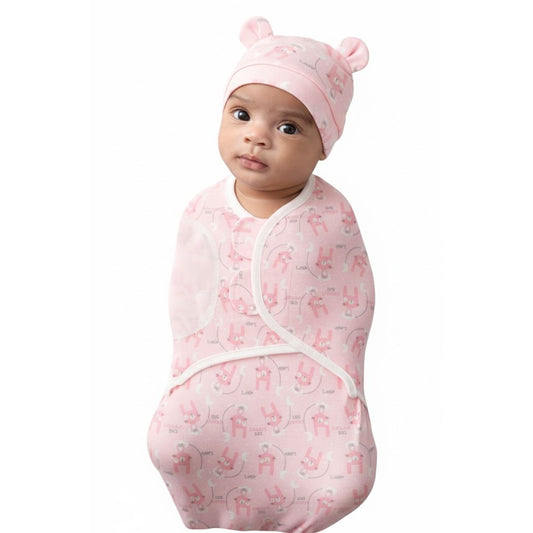 Baby Swaddle Blanket & Hat Set Pink Bunny Print Cotton Newborn Infant Gift