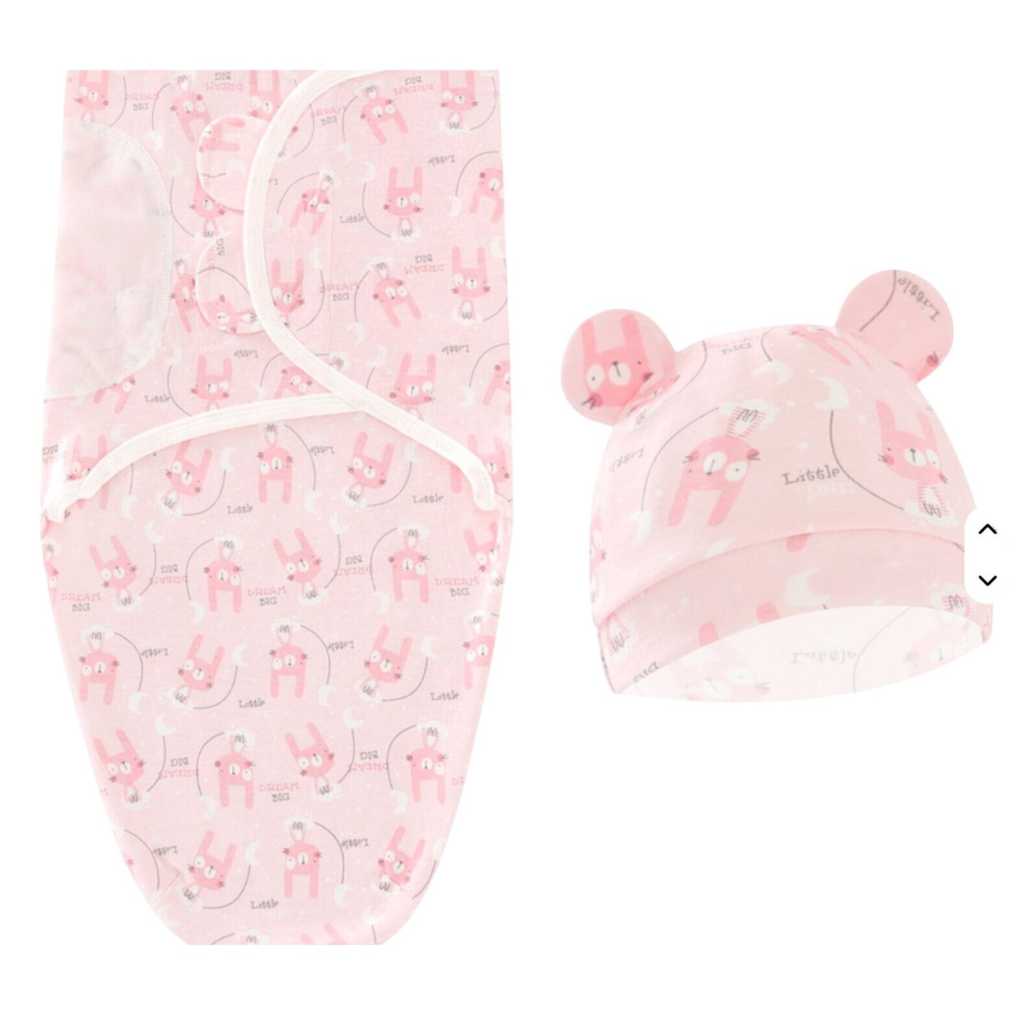 Baby Swaddle Blanket & Hat Set Pink Bunny Print Cotton Newborn Infant Gift